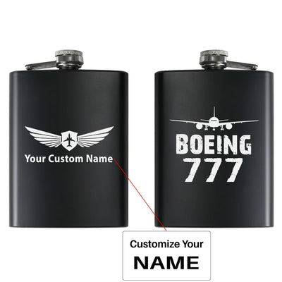 Boeing 777 & Plane aviation design on stainless hip flask, compact pocket-size flask.