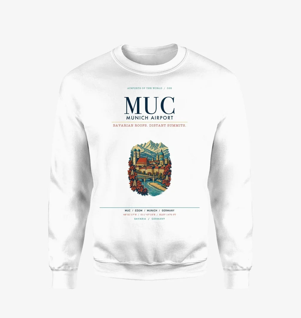 Munich Airport (MUC) design on white sweatshirt