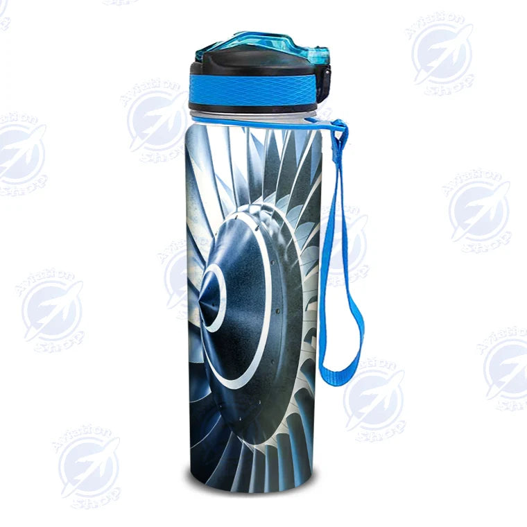 Blue Toned Super Jet Engine Blades Closeup Sports aviation design on sport kettle, insulated bottle with sport spout.