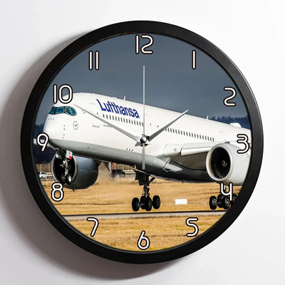 Lufthansa's A350 aviation design on premium wood and metal wall clock.
