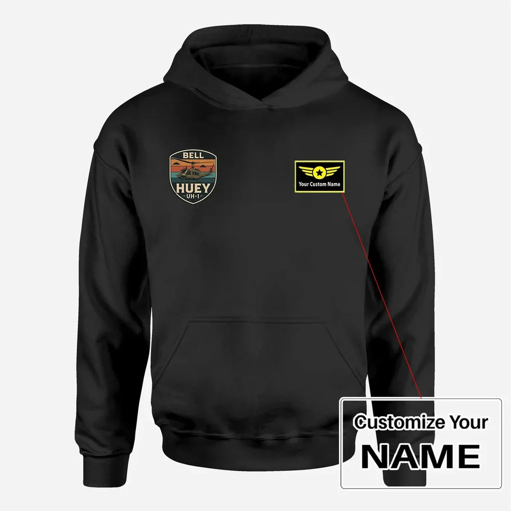 Retro BELL HUEY UH-1 aviation design on soft cotton blend men's hoodie with small chest logo.