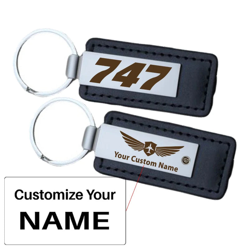 Boeing 747 Flat Text aviation PU leather key chain in PU faux leather.