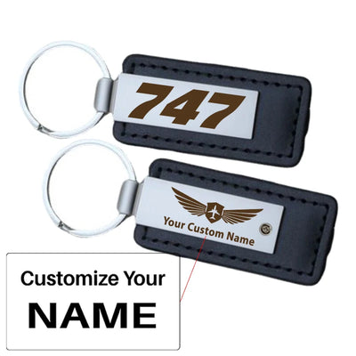 Boeing 747 Flat Text aviation PU leather key chain in PU faux leather.