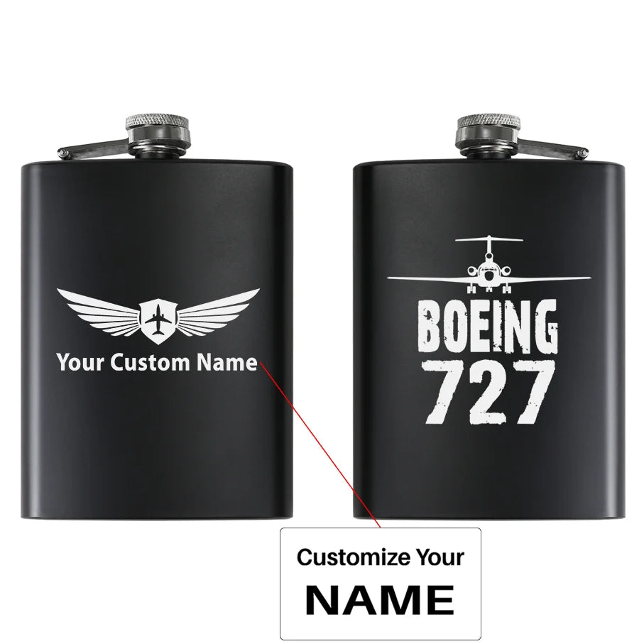 Boeing 727 & Plane aviation design on stainless hip flask, compact pocket-size flask.