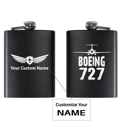 Boeing 727 & Plane aviation design on stainless hip flask, compact pocket-size flask.