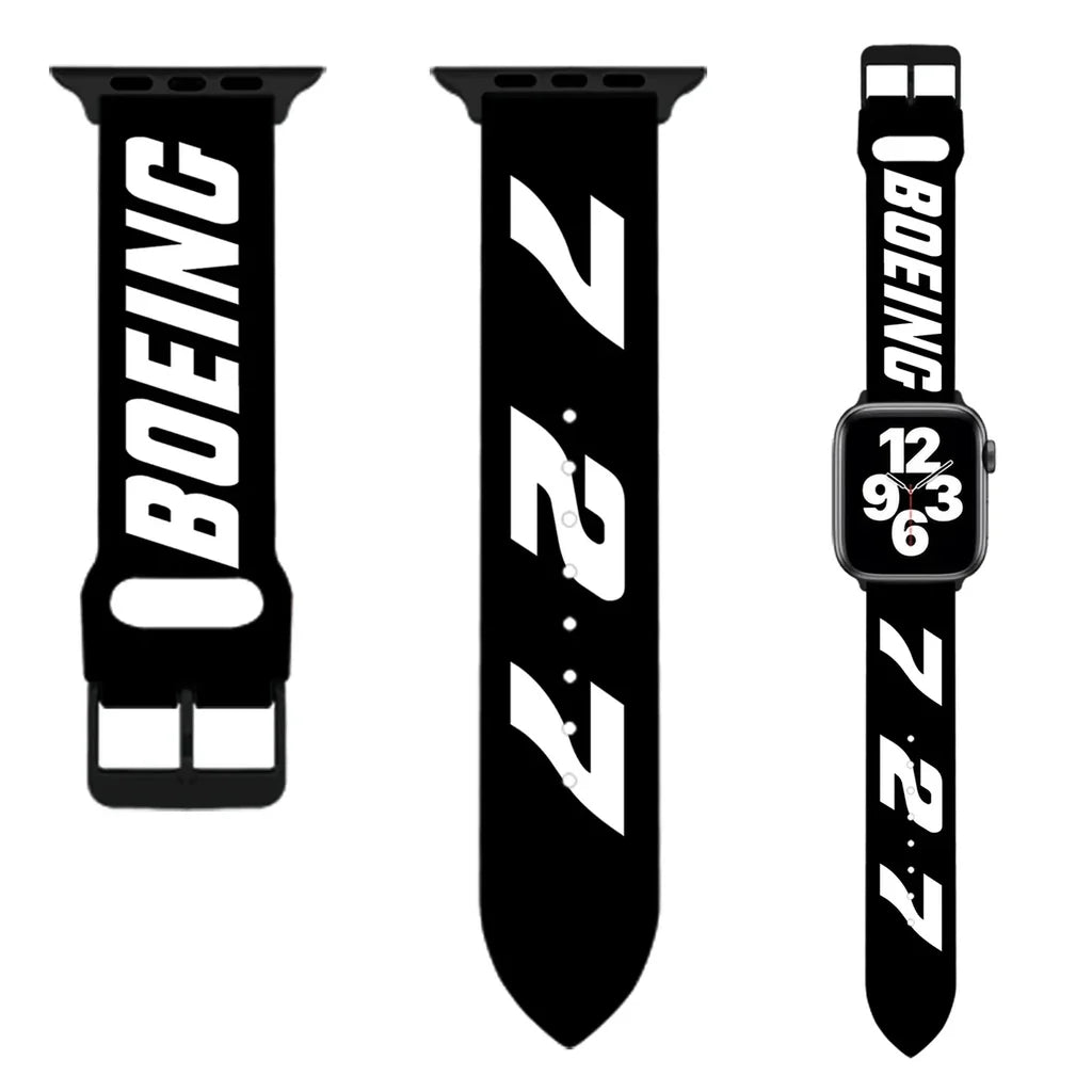 Boeing 727 Flat Text aviation Apple Watch band, soft silicone body with engraved detail.