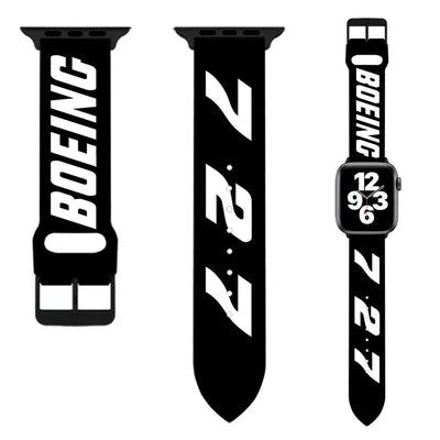 Boeing 727 Flat Text aviation Apple Watch band, soft silicone body with engraved detail.
