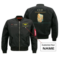Thumbnail for Cuneo International Airport (CUF) design on black bomber jacket with custom name patch
