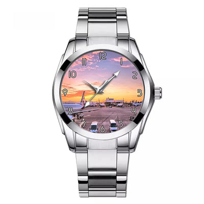 Airport Photo During Sunset aviation-themed watch with stainless steel band, polished stainless steel.