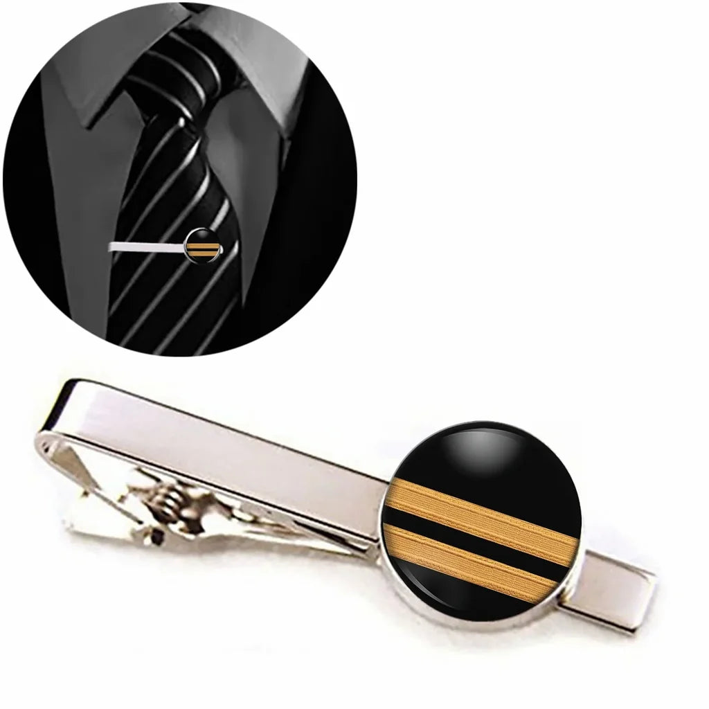 Pilot Epaulette 2 Lines aviation tie clip, stainless steel body with engraved detail.