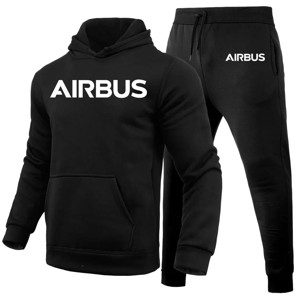 Airbus & Text aviation design on soft cotton blend hoodie and sweatpants set.