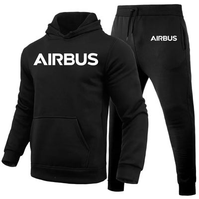 Airbus & Text aviation design on soft cotton blend hoodie and sweatpants set.