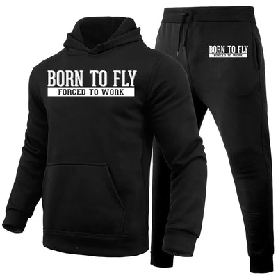Born To Fly Forced To Work aviation design on soft cotton blend hoodie and sweatpants set.