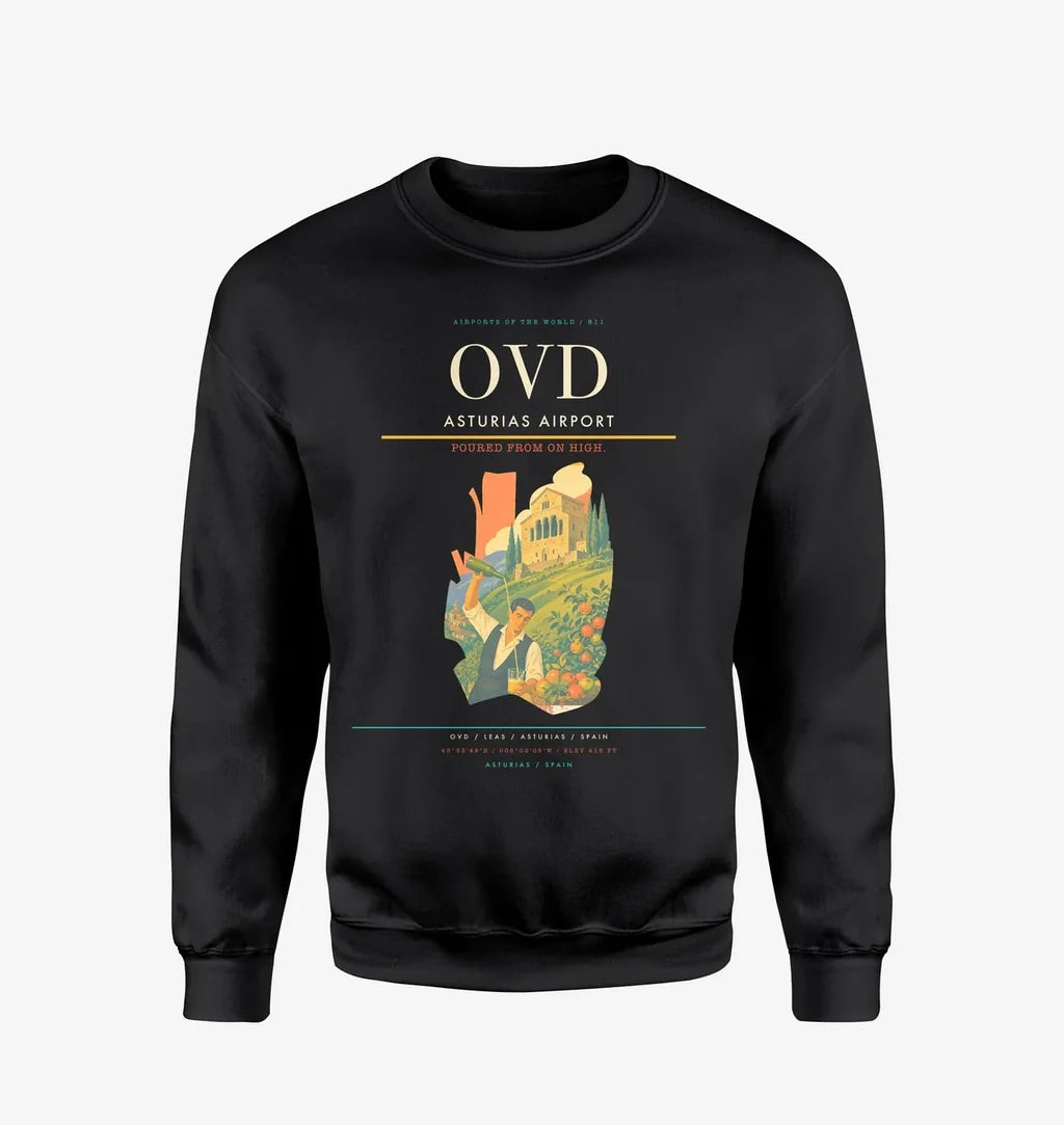 Asturias Airport (OVD) design on black sweatshirt