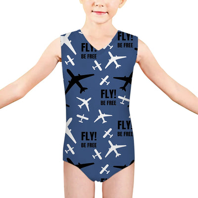 Fly Be Free Blue aviation print on kids quick-dry fabric swimsuit.