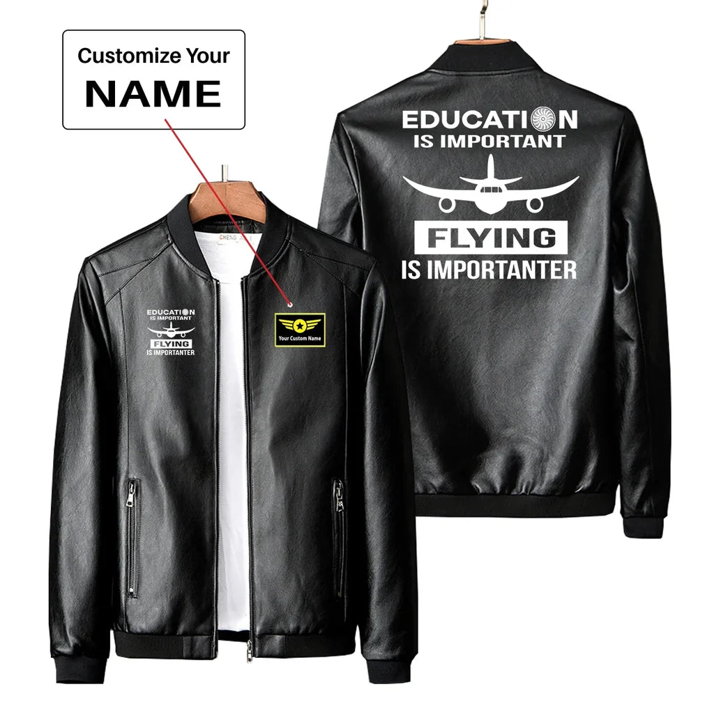 Flying is Importanter PU aviation design printed on genuine leather with quilted lining leather jacket.