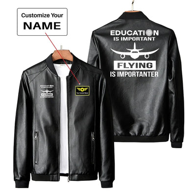 Flying is Importanter PU aviation design printed on genuine leather with quilted lining leather jacket.