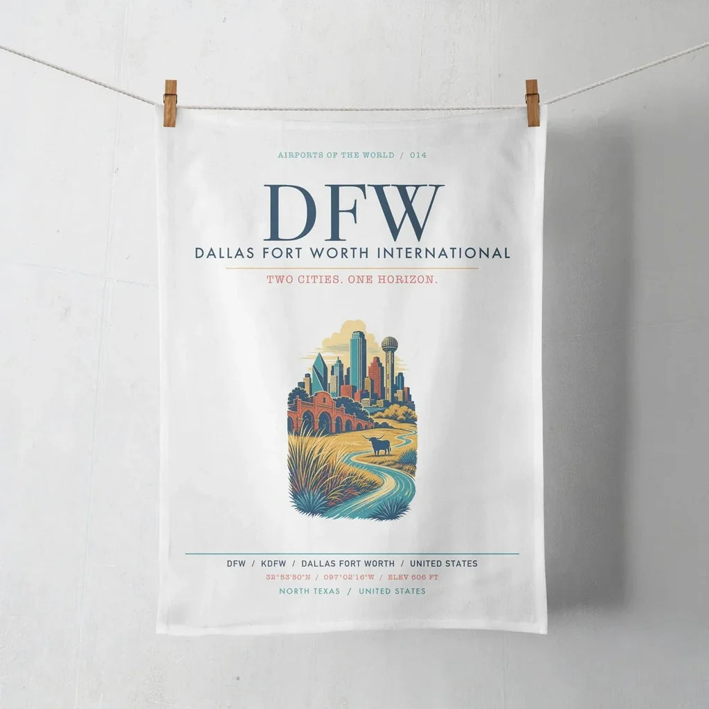Dallas Fort Worth International Airport (DFW) design on white towel