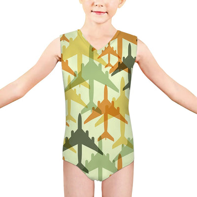 Seamless Colourful Airplanes aviation print on kids quick-dry fabric swimsuit.