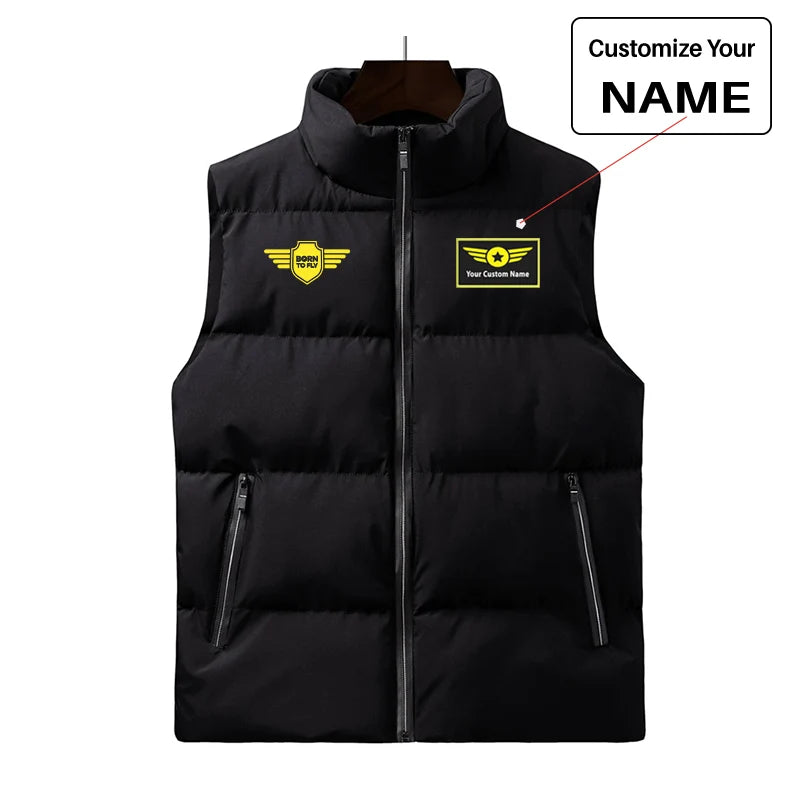 Born To Fly & Badge aviation design printed on quilted padding with sleeveless design puffy vest.
