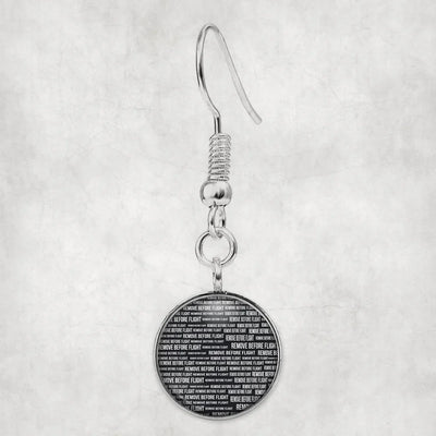 Remove Before Flight 3-Black aviation-themed earrings, polished hypoallergenic alloy.