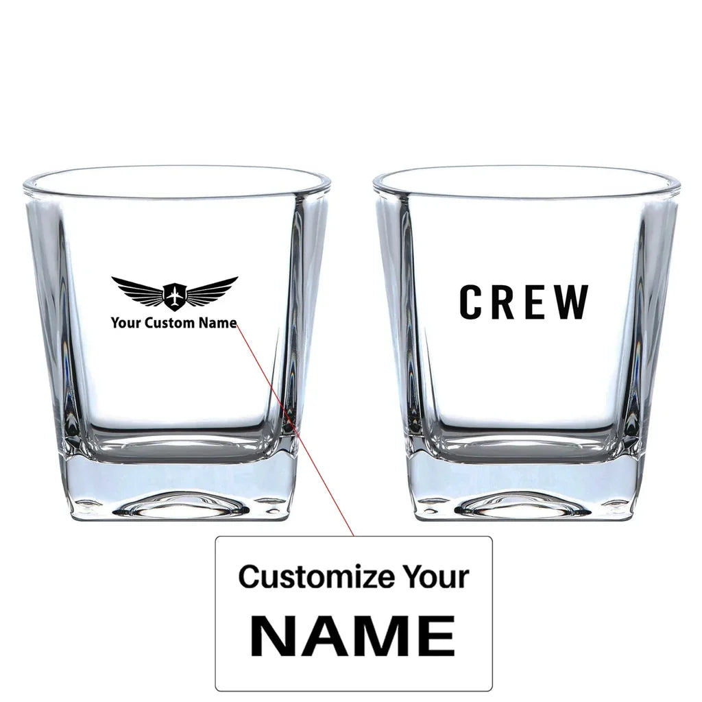 CREW & Text aviation design on whiskey glass, crystal-clear premium glassware.