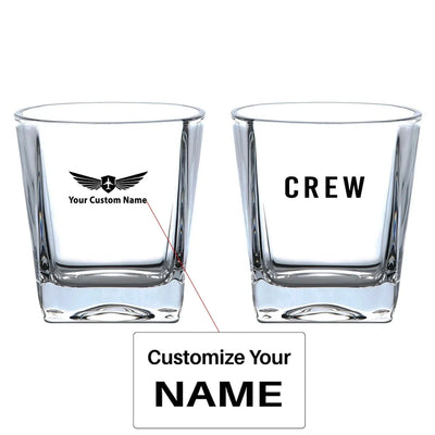 CREW & Text aviation design on whiskey glass, crystal-clear premium glassware.