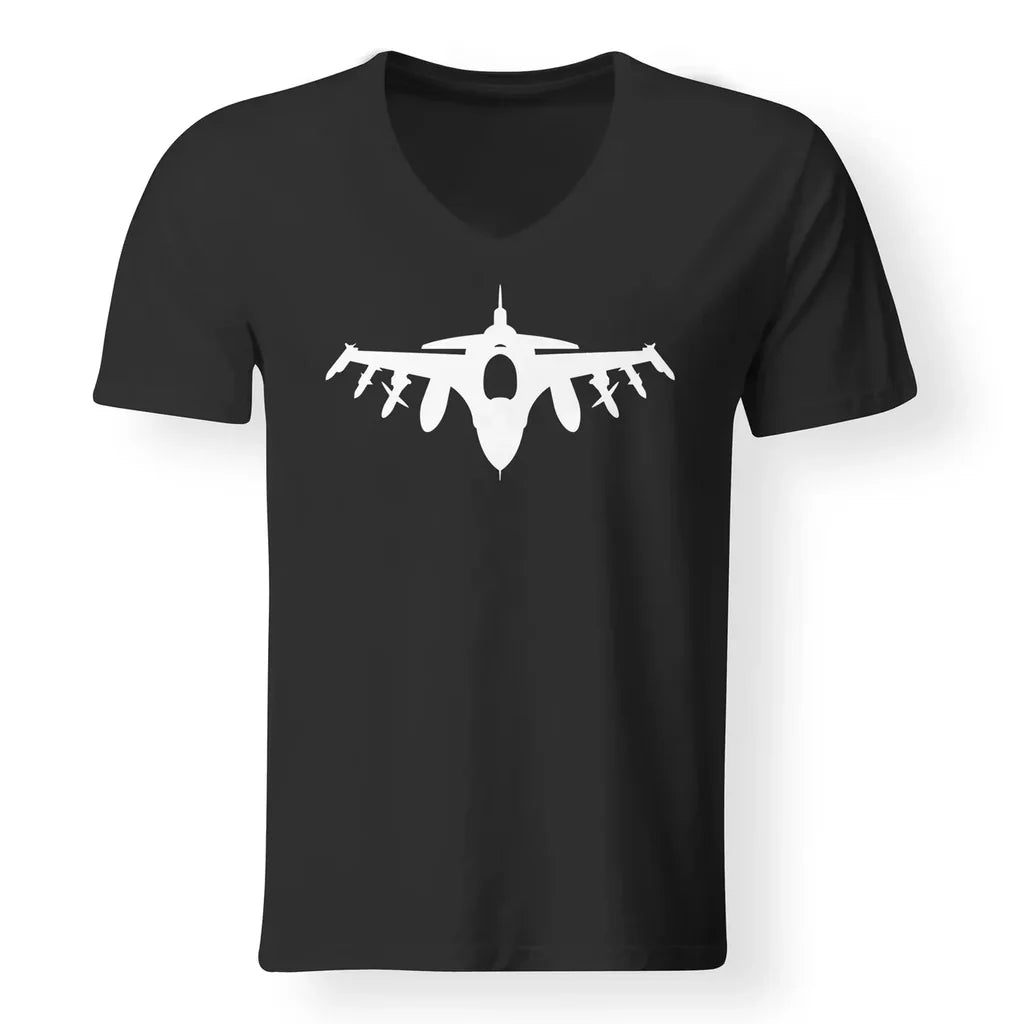 Fighter Jet 16 Silhouette aviation design printed on soft cotton V-neck T-shirt.