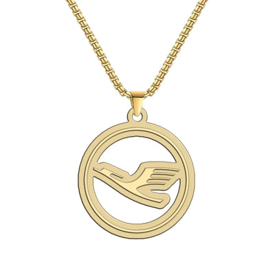 Side view of Lufthansa Airlines aviation hollow necklace in polished metal, polished finish.