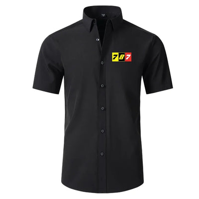 Flat Colourful 787 Short Sleeve aviation design printed on soft cotton 2D-printed shirt.