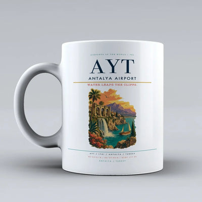 Antalya Airport (AYT) airport code design on white ceramic mug