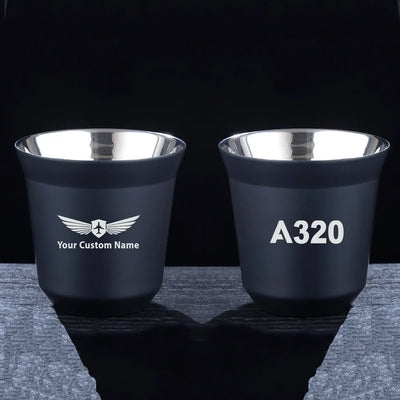 Airbus A320 Flat Text aviation design on double-wall coffee mug, vacuum-insulated double-wall.