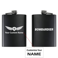 Thumbnail for Bombardier & Text aviation design on stainless hip flask, compact pocket-size flask.