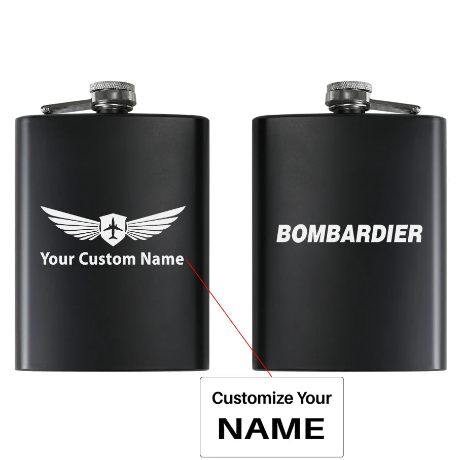 Bombardier & Text aviation design on stainless hip flask, compact pocket-size flask.