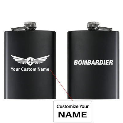 Bombardier & Text aviation design on stainless hip flask, compact pocket-size flask.
