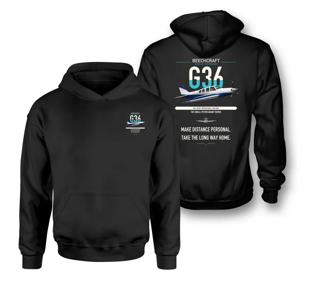 Beechcraft Bonanza G36 design on black double-side hoodie, double-side print