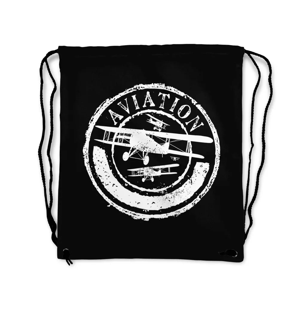 Aviation Lovers aviation design drawstring bag, lightweight polyester construction.