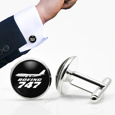 The Boeing 747 aviation cuff links, polished metal body with engraved detail.