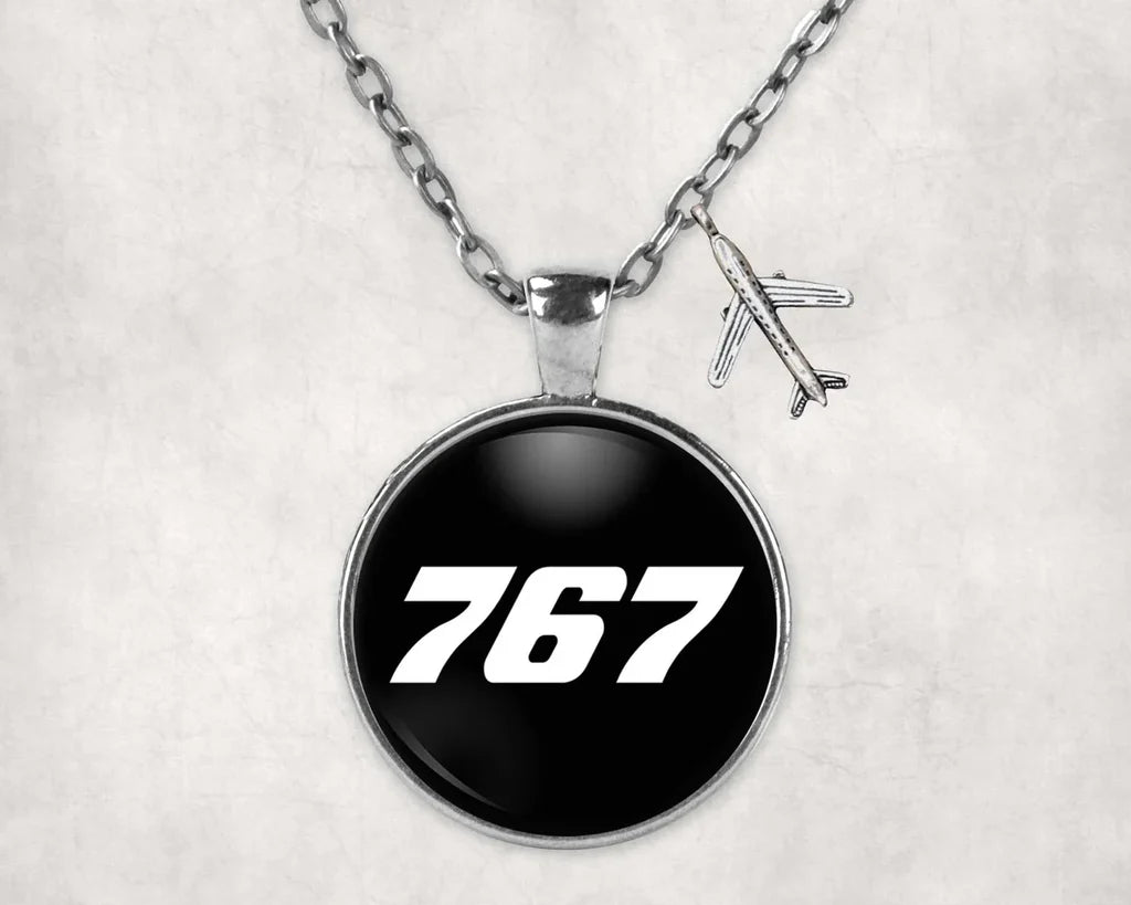 Boeing 767 Flat Text aviation necklace, stainless steel body with engraved detail.