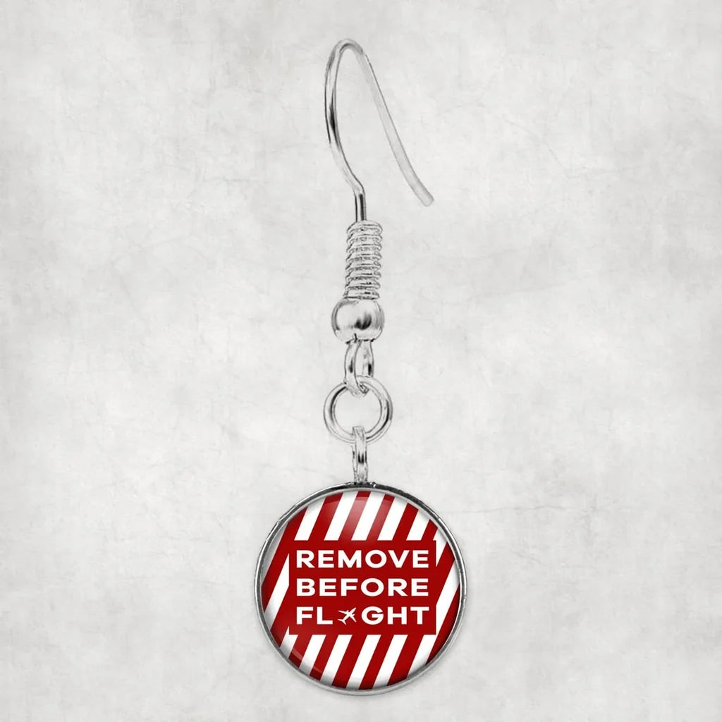 Side view of Special Edition Remove Before Flight aviation earrings in hypoallergenic alloy, polished finish.