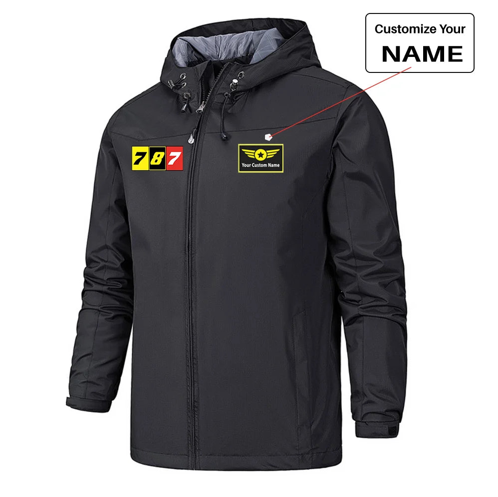 Flat Colourful 787 Rain Jackets & Windbreakers aviation design printed on waterproof shell with sealed seams small-logo rain.