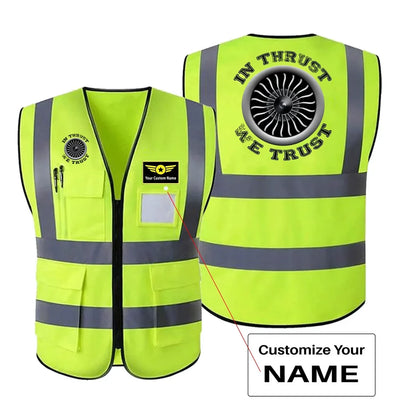 In Thrust We Trust (Vol 2) aviation design printed on high-visibility reflective fabric reflective vest.