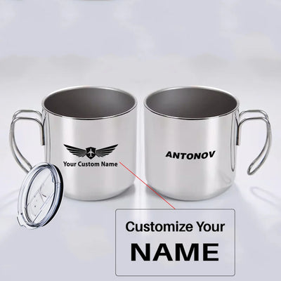 Antonov & Text aviation design on portable mug, vacuum-insulated double-wall.