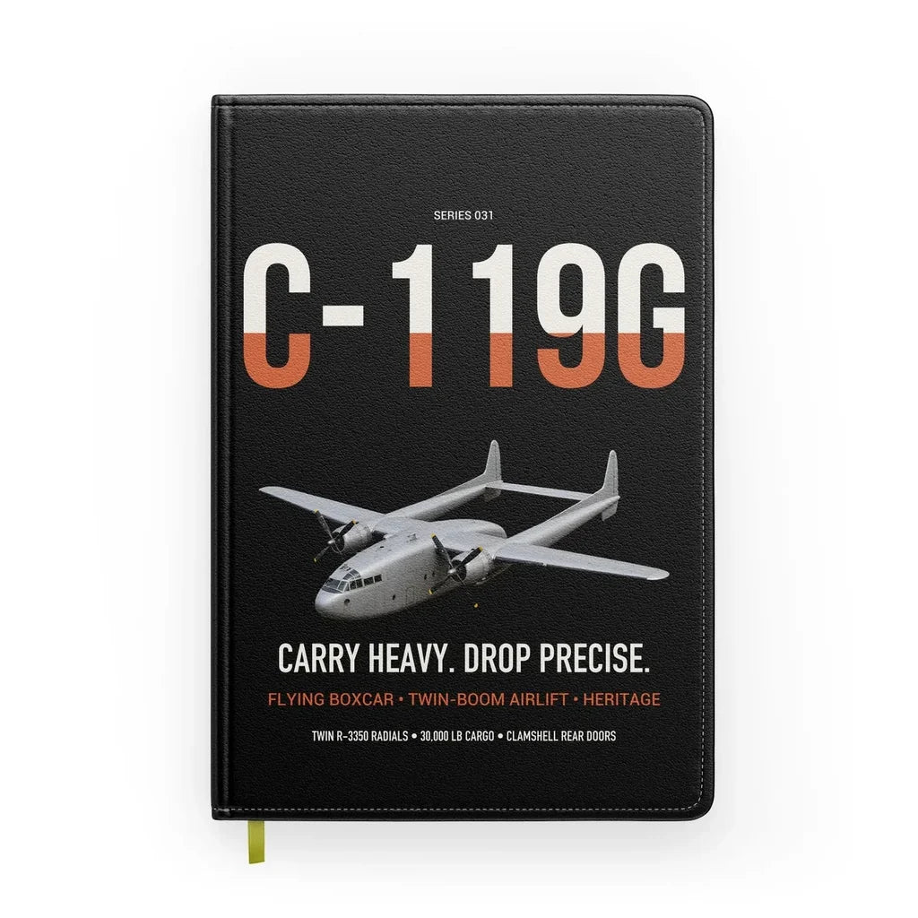C-119G Flying Boxcar design on black notebook
