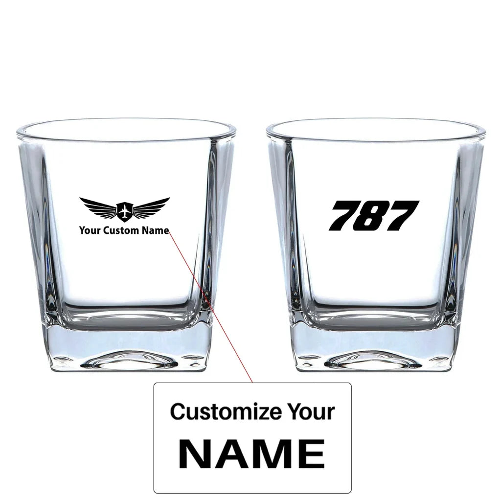 Boeing 787 Flat Text aviation design on whiskey glass, crystal-clear premium glassware.