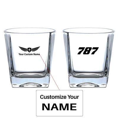 Boeing 787 Flat Text aviation design on whiskey glass, crystal-clear premium glassware.