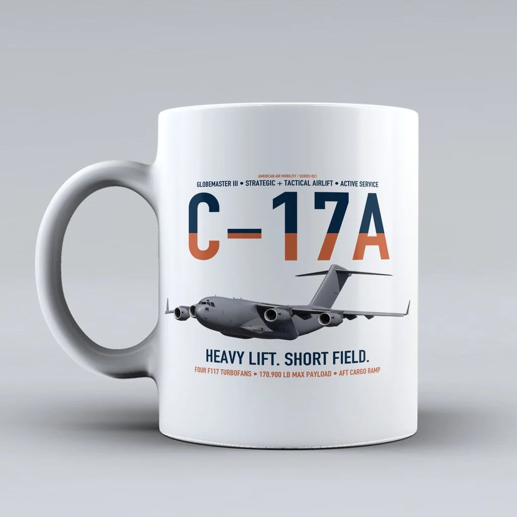C-17A Globemaster III design on white ceramic mug, double-side print