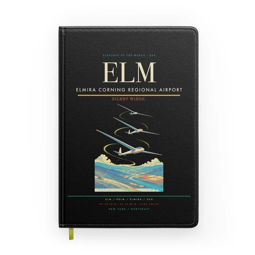 Elmira Corning Regional Airport (ELM) design on black notebook