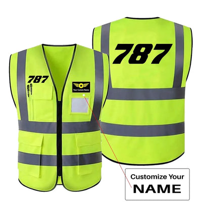 Boeing 787 Flat Text aviation design printed on high-visibility reflective fabric reflective vest.