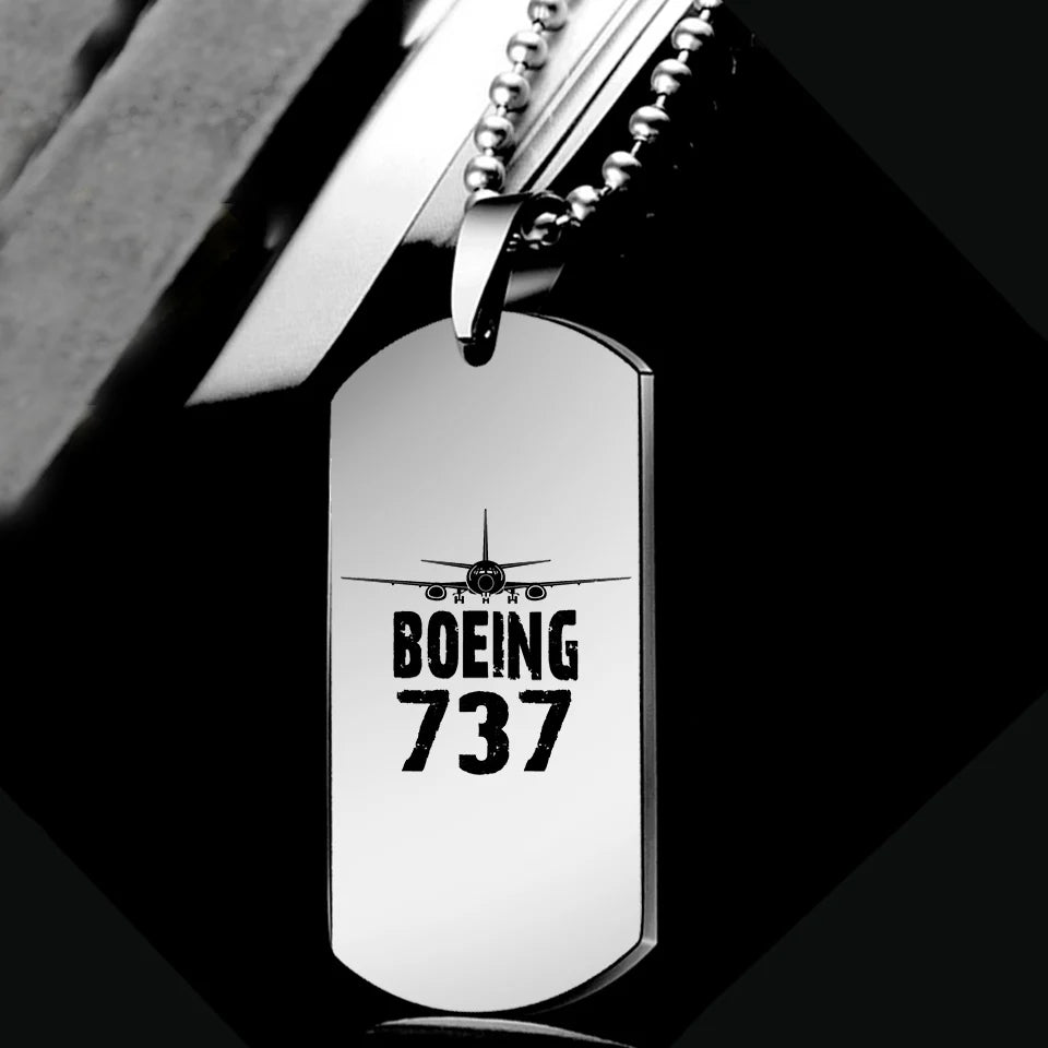Boeing 737 & Plane aviation necklace, polished metal body with engraved detail.